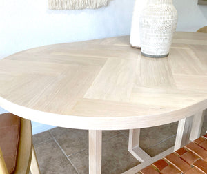 Custom Order Inna - 55” x 32” x 29.5”H *Oval White Oak Double Herringbone Dining Table w/ X-Shaped Cross Wood Base