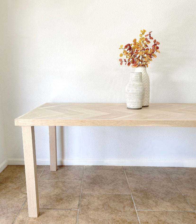 white oak herringbone dining table w/ oak wood legs