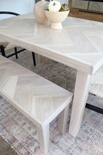 Load image into Gallery viewer, White Oak Double Herringbone Dining Table and Matching Bench Set (Set w/ Wood 4-Post Legs)
