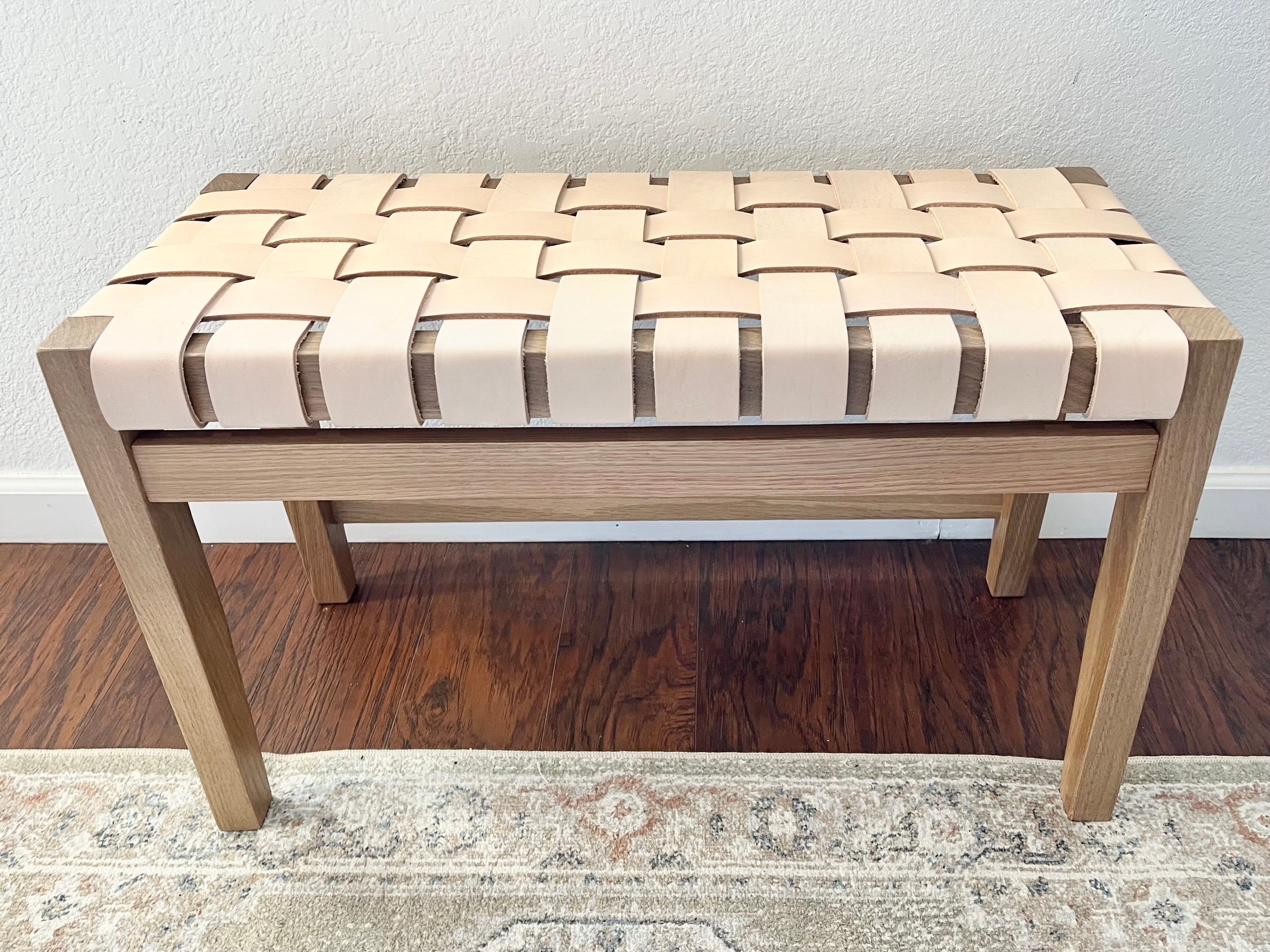 Woven Cognac Leather Strap Bench - (Solid White Oak Wood Frame
