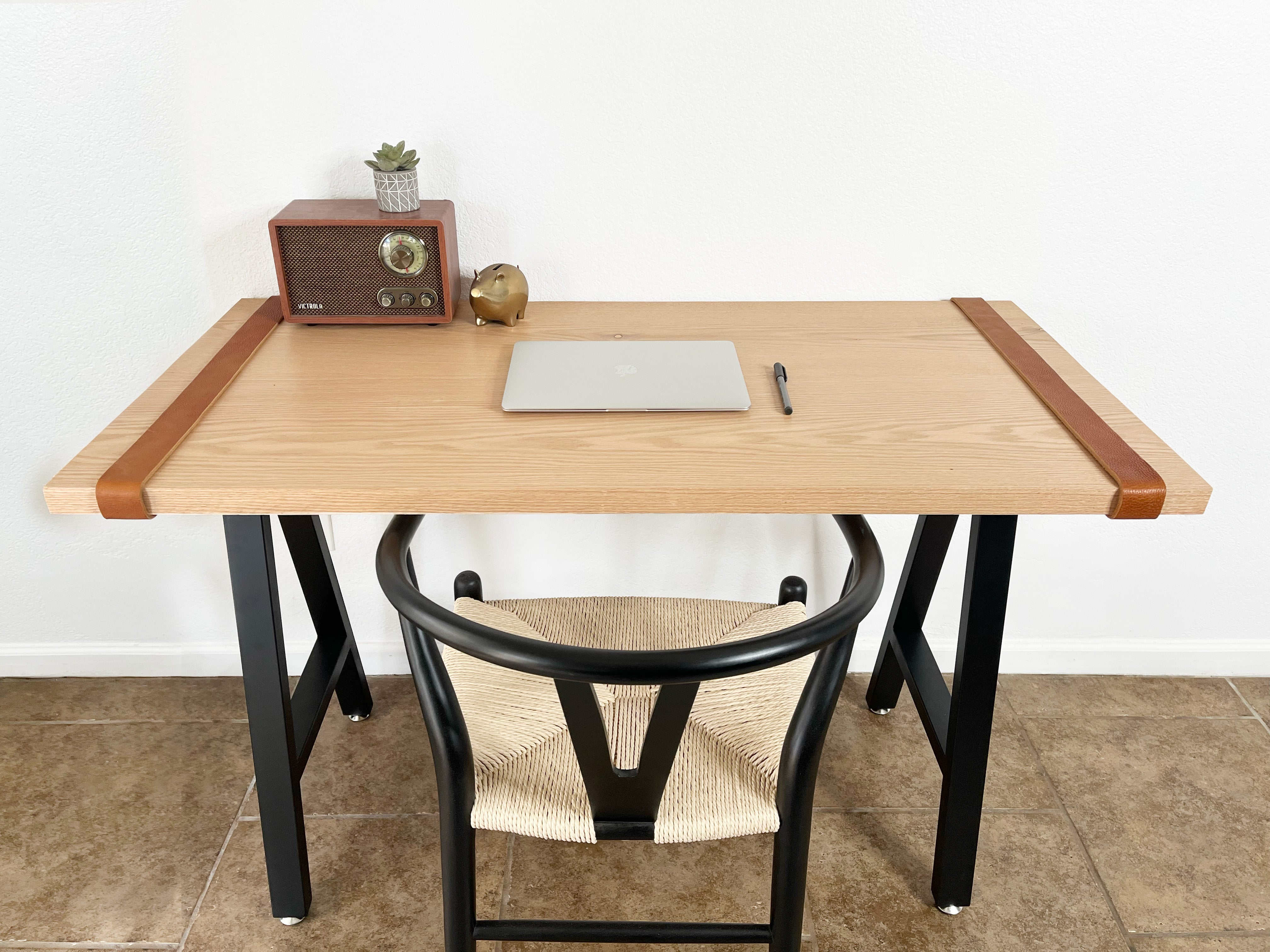Rectangular wood top desk with metal A shape legs