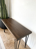 Load image into Gallery viewer, Modern Wood &amp; Metal Bench in Walnut Stain - (Metal Hairpin or U-shape Legs)
