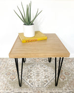 Load image into Gallery viewer, Square Wood &amp; Metal Side Table in Natural Finish - (Hairpin Legs)
