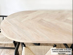 Load image into Gallery viewer, 82x42 Custom Shape Oval White Oak Single Herringbone Dining Table - Black Metal Spider Base
