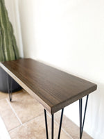 Load image into Gallery viewer, Wood &amp; Metal Bench w/ Walnut Stain - (Metal U-shape or Hairpin Legs)

