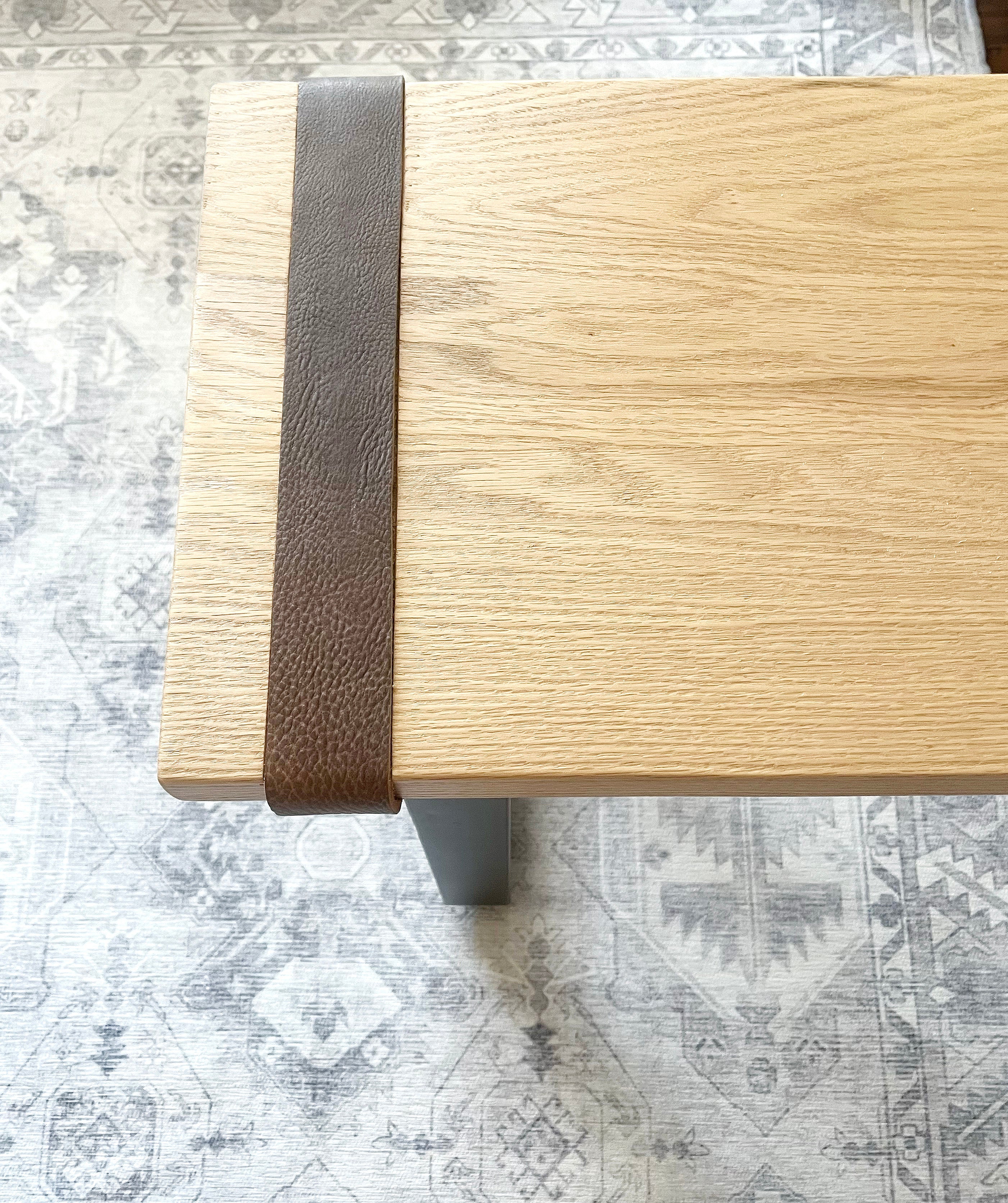 Rustic Leather Strap and Solid Red Oak Wood Bench - (Metal U-shape Legs)