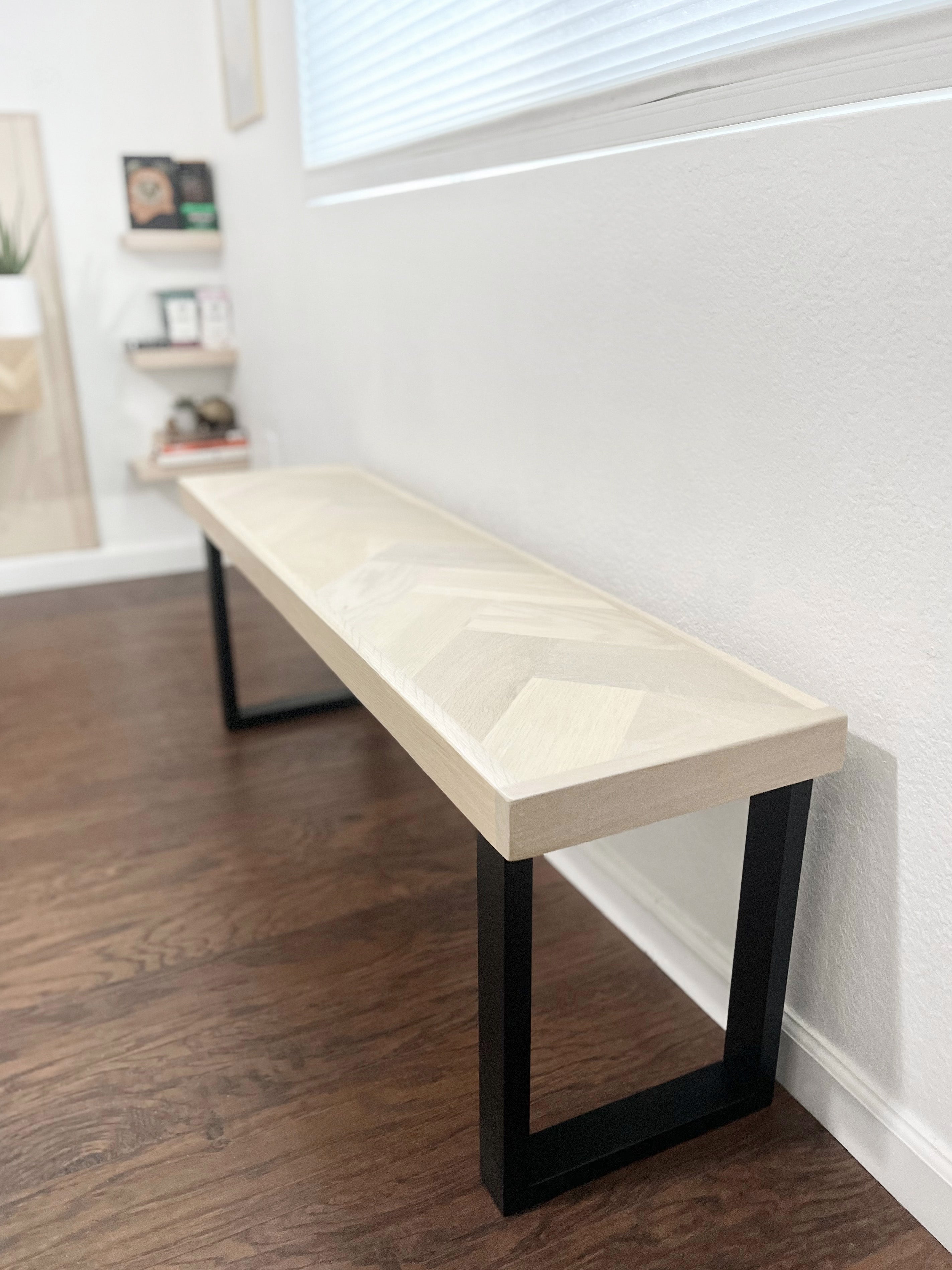 White Oak Wood Herringbone Bench (Metal U-shape Legs)