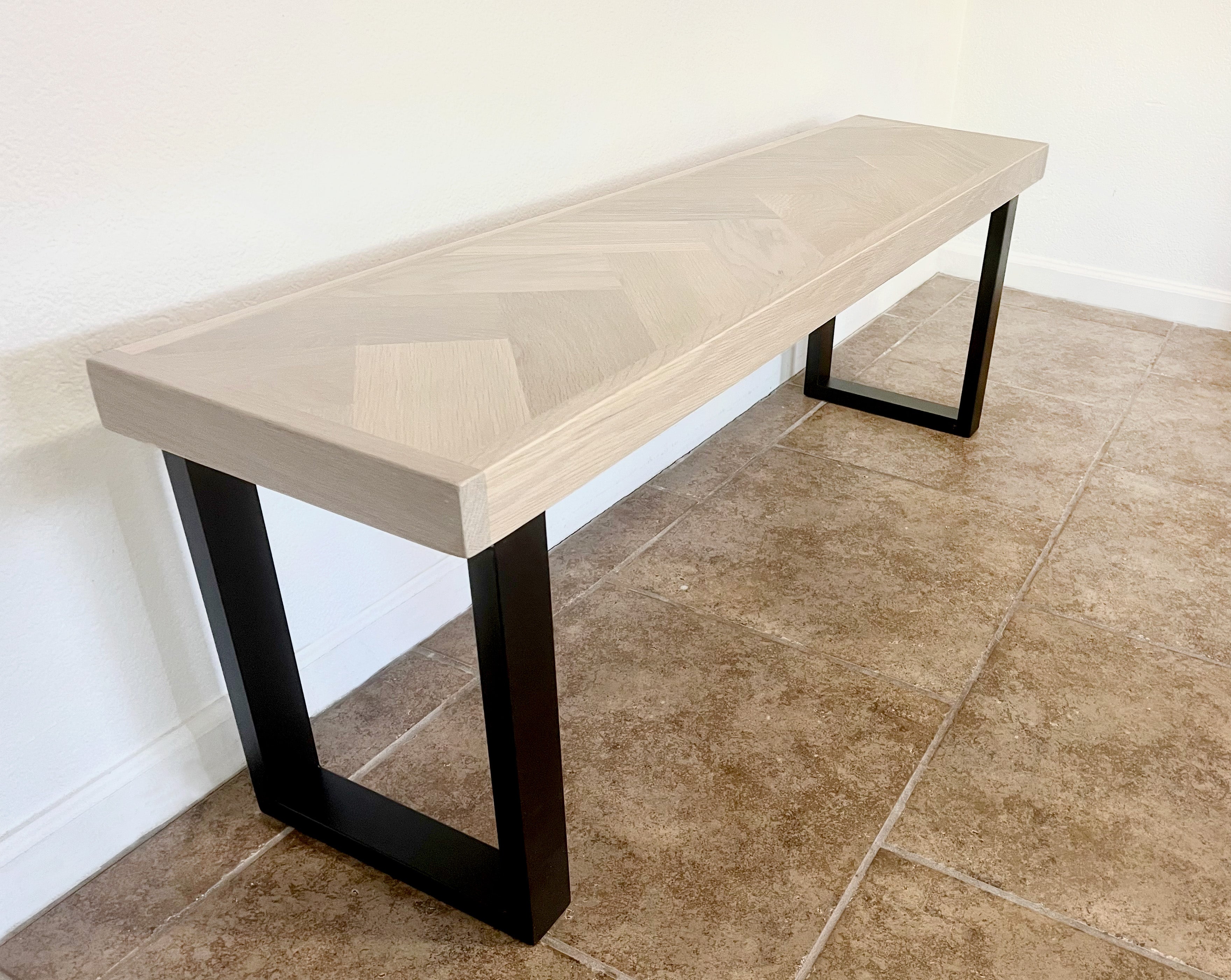 White Oak Wood Herringbone Bench (Metal U-shape Legs)