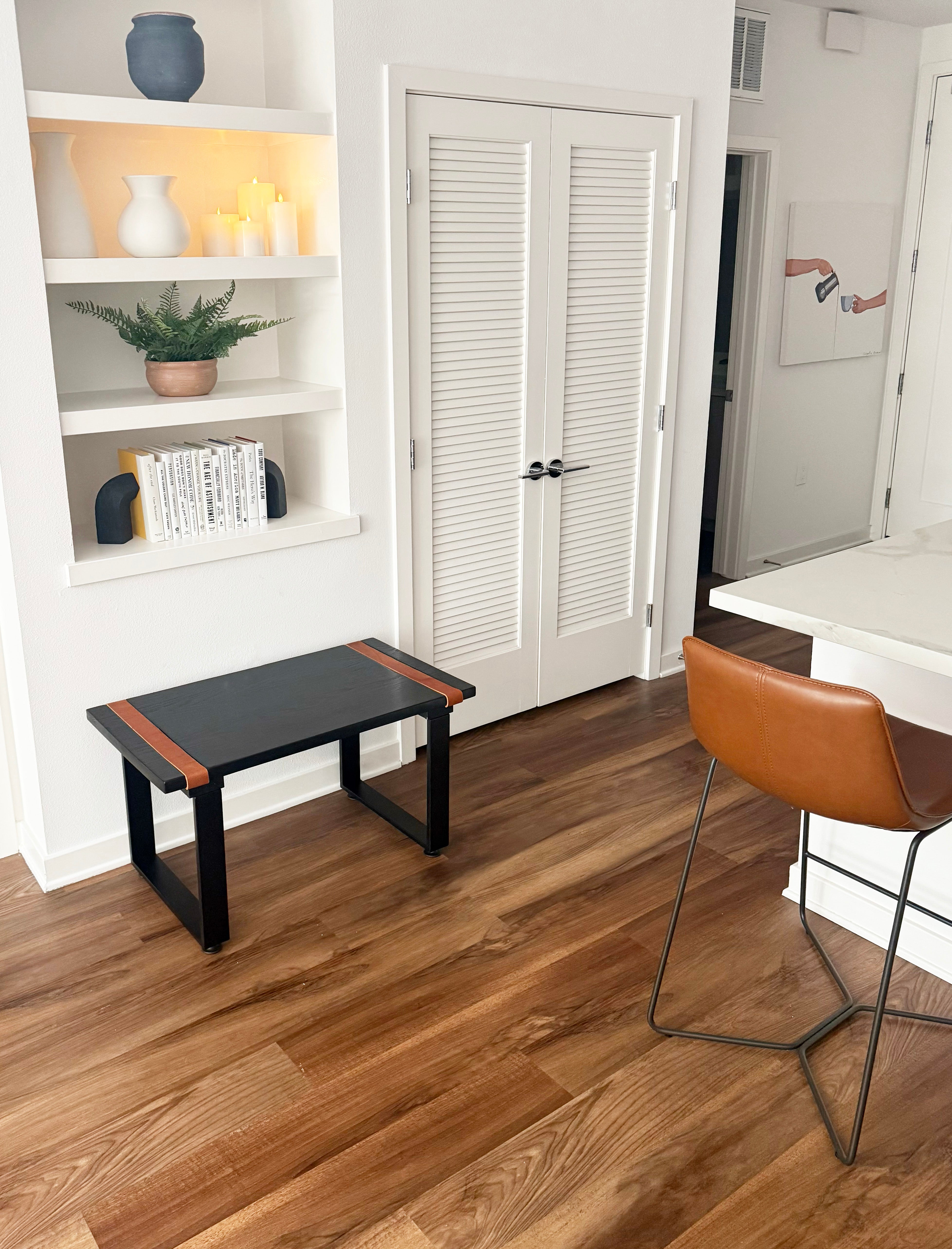 Modern Black Solid Oak Wood Bench with Leather Straps - (Metal U-shape Legs)
