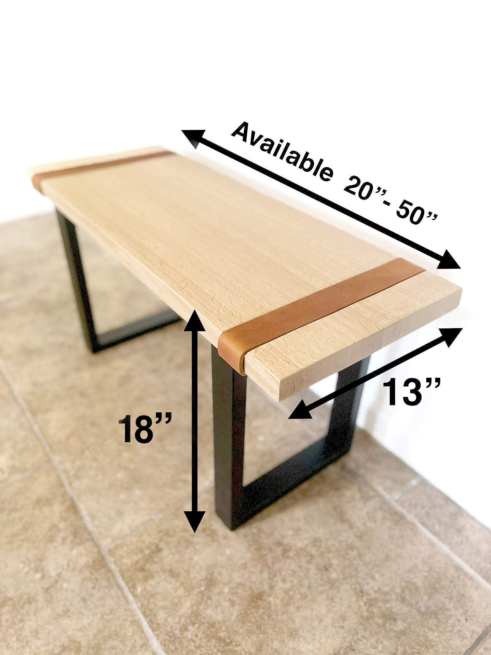 Rustic Leather Strap and Solid Red Oak Wood Bench - (Metal U-shape Legs)