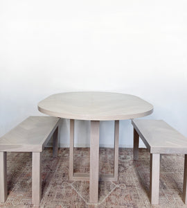 Oval White Oak Herringbone Dining Table with X-Shaped Cross Wood Base