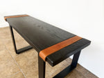 Load image into Gallery viewer, Modern Black Solid Oak Wood Bench with Leather Straps - (Metal U-shape Legs)
