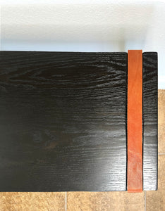 Modern Black Solid Oak Wood Bench with Leather Straps - (Metal U-shape Legs)