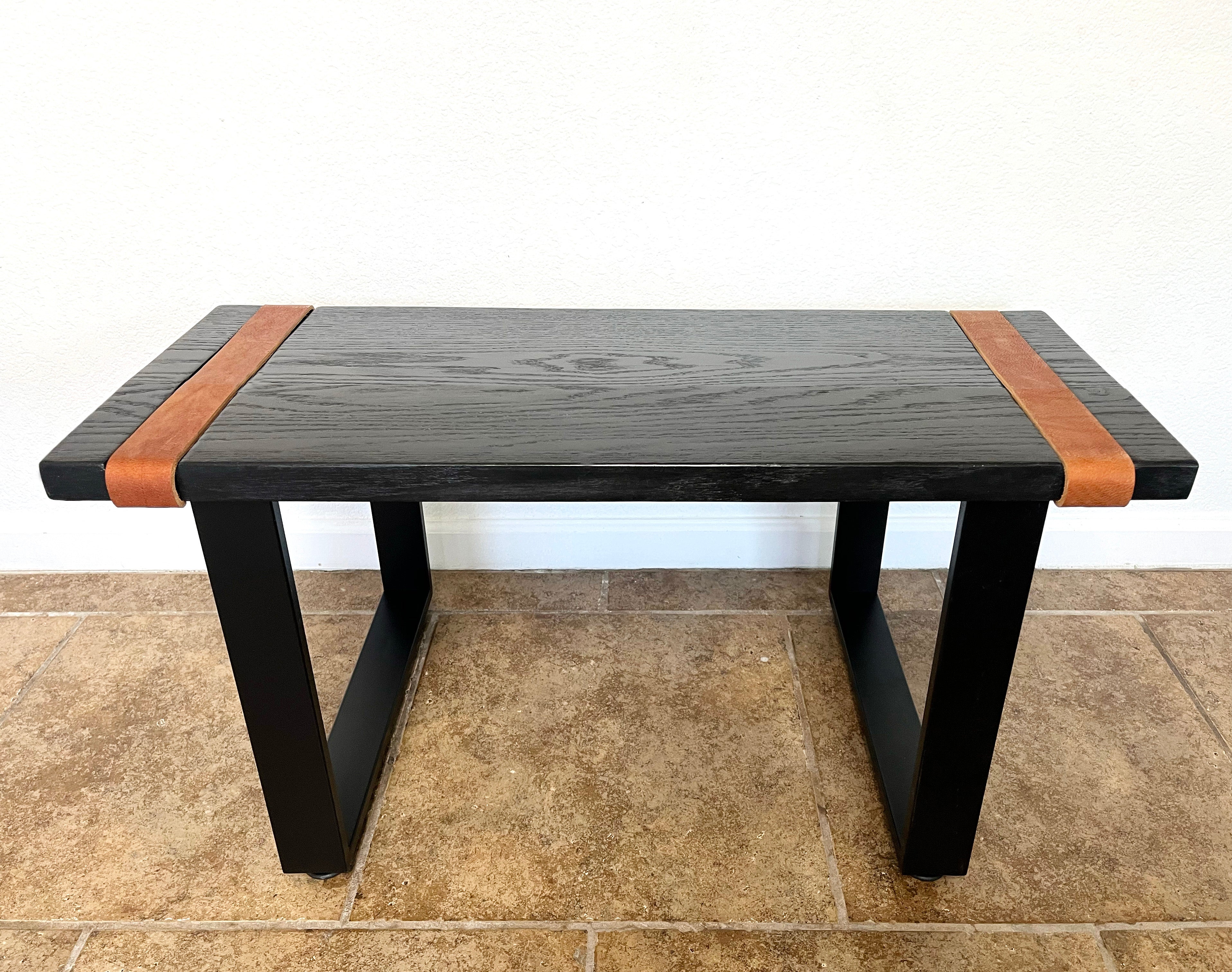 Modern Black Solid Oak Wood Bench with Leather Straps - (Metal U-shape Legs)