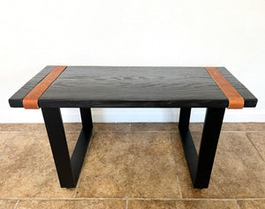 Modern Black Solid Oak Wood Bench with Leather Straps - (Metal U-shape Legs)