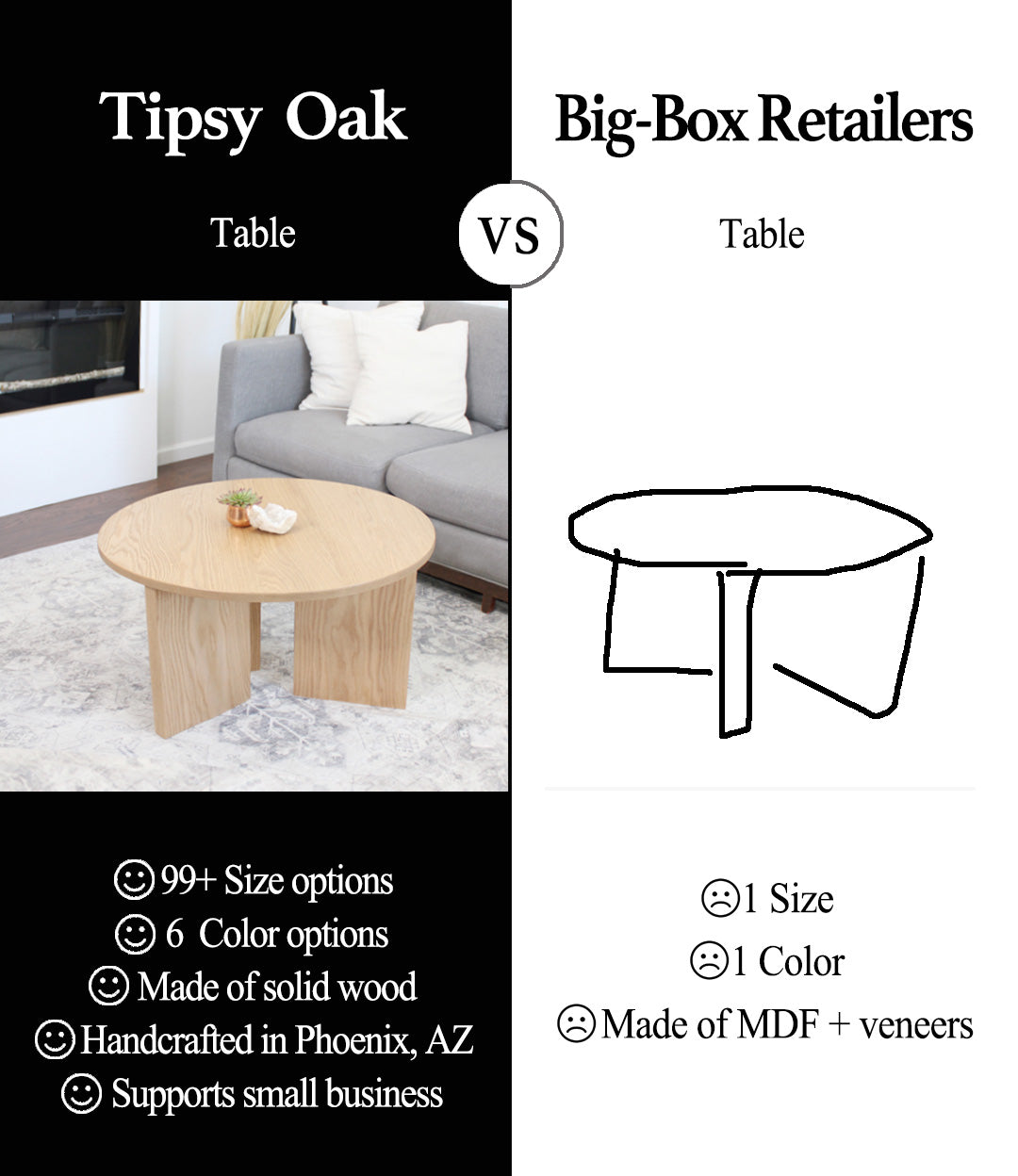 Modern Round Solid Red Oak Wood Coffee Table (Wood Slab Legs)