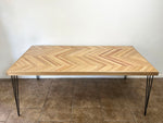 Load image into Gallery viewer, Oak Framed Natural Lath Wood Dining Table with Herringbone Top, Black Hairpin Legs
