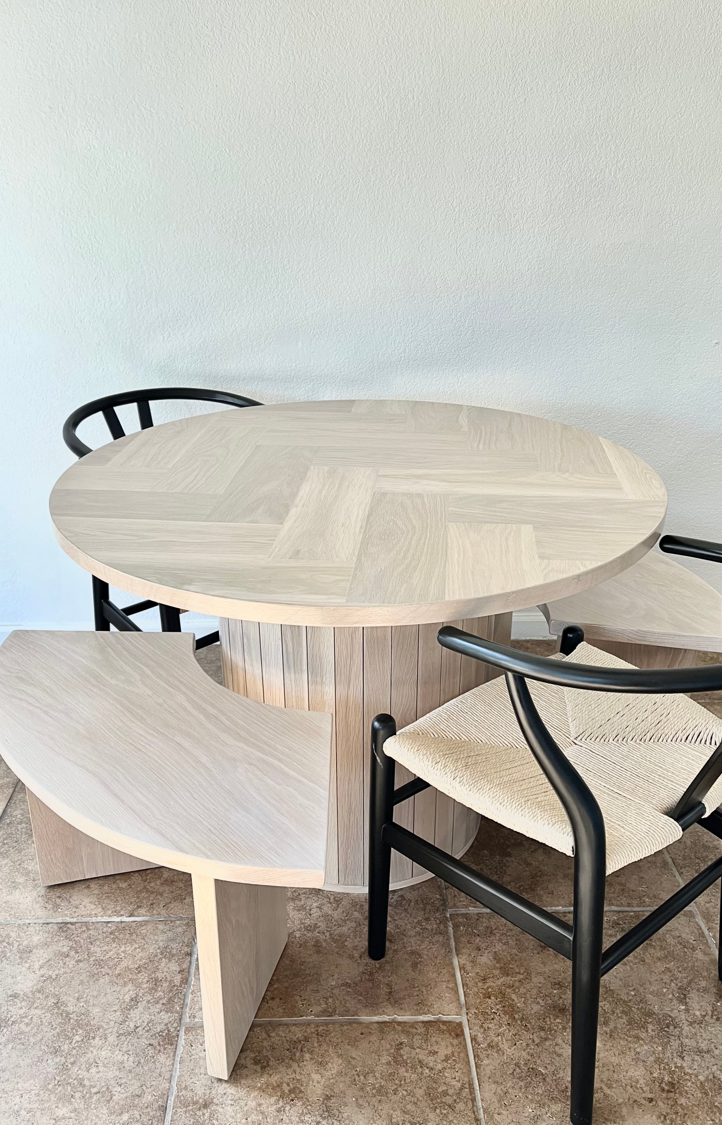 Round White Oak Wood Pedestal Dining Table - (Herringbone Top)