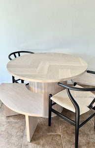 Round White Oak Wood Pedestal Dining Table, Single or Double Herringbone Top