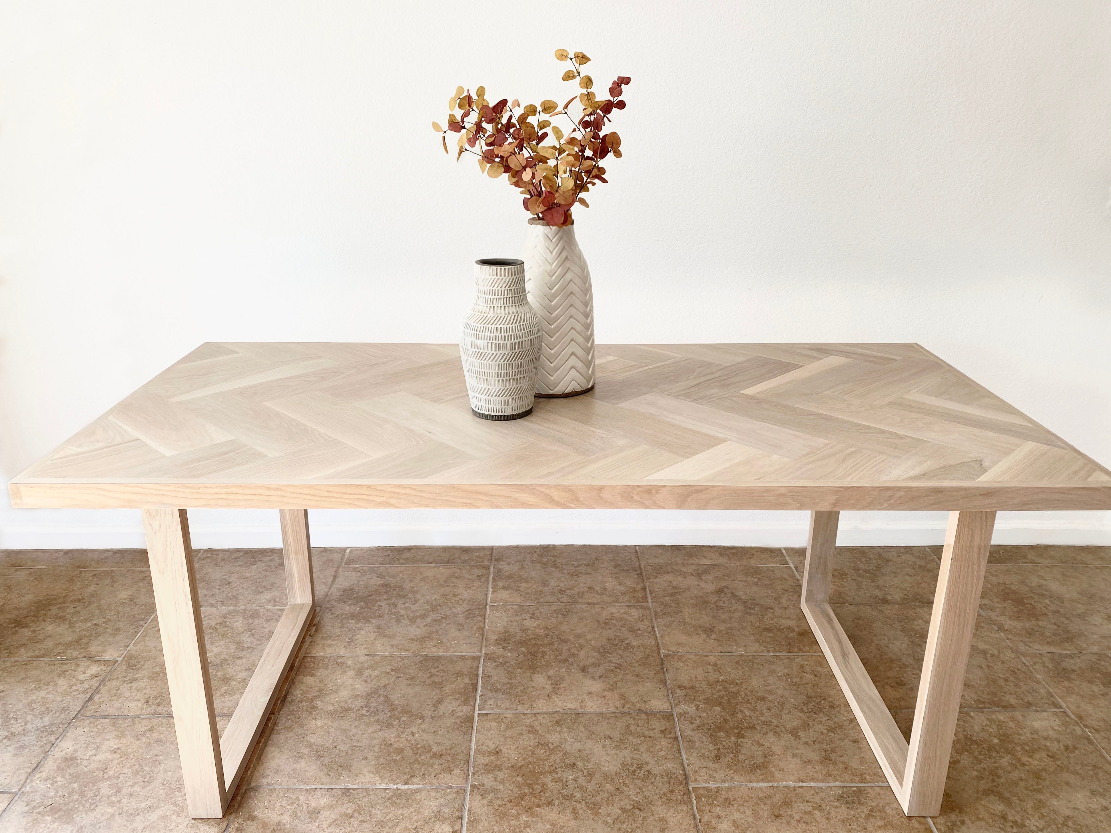 Modern White Oak Herringbone Dining Table with U-Shaped Wood Legs