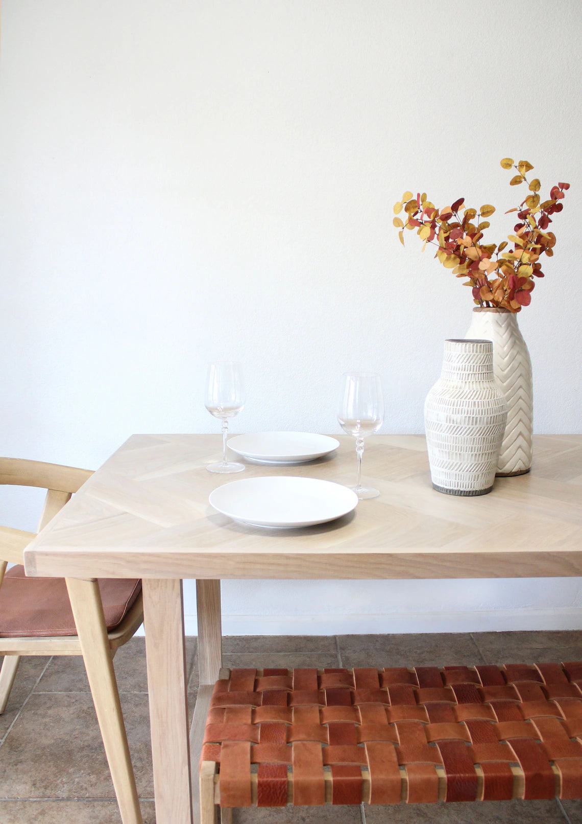 Modern White Oak Herringbone Dining Table with U-Shaped Wood Legs