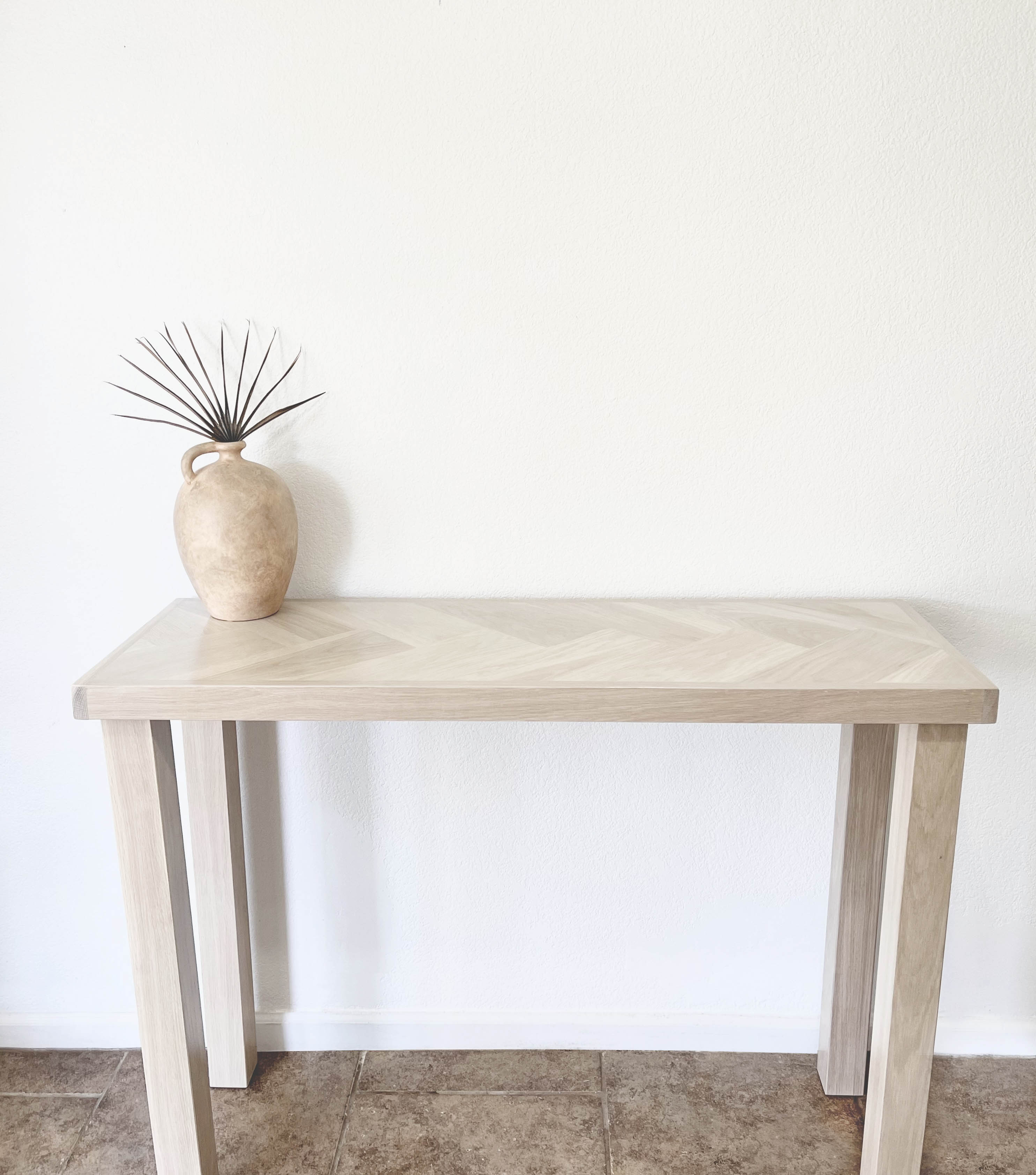 White Oak Wood Herringbone Console Table, Solid Wood 4-Post Legs