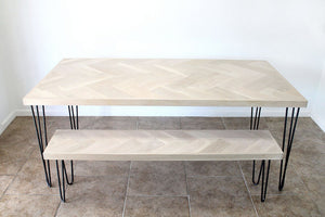White Oak Double Herringbone Dining Table with Metal Hairpin Legs and Matching Bench, Dining Table & Bench Set
