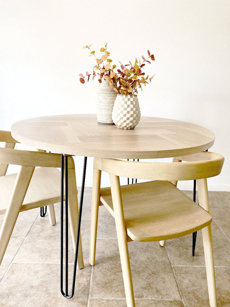 Round White Oak Wood Dining Table with Herringbone Top - Tipsy Oak ...
