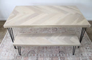 White Oak Single Herringbone Dining Table with Matching Bench Set - (Set w/ Metal Hairpin Legs)