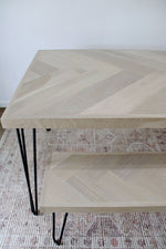 Load image into Gallery viewer, White Oak Single Herringbone Dining Table with Metal Hairpin Legs and Matching Bench
