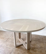 Load image into Gallery viewer, Round White Oak X-style Pedestal Dining Table (Herringbone Top)
