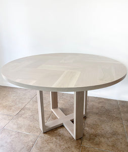 Round White Oak X-style Pedestal Dining Table with Herringbone Top, Solid Wood Cross Base