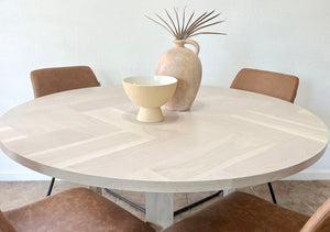 Round White Oak X-style Pedestal Dining Table with Herringbone Top, Solid Wood Cross Base