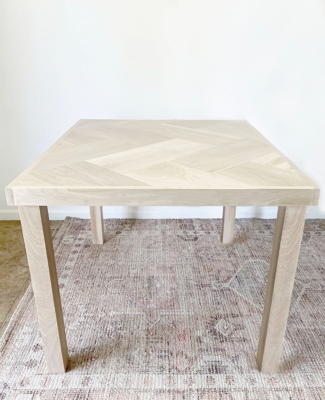 Square White Oak Dining Table with Herringbone Top, Solid Wood 4-Post or Metal Hairpin Legs