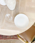 Load image into Gallery viewer, Round White Oak X-style Pedestal Dining Table with Herringbone Top, Solid Wood Cross Base
