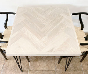 Square White Oak Dining Table with Herringbone Top, Solid Wood 4-Post or Metal Hairpin Legs