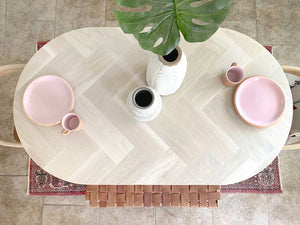 Oval White Oak Herringbone Dining Table with X-Shaped Cross Wood Base