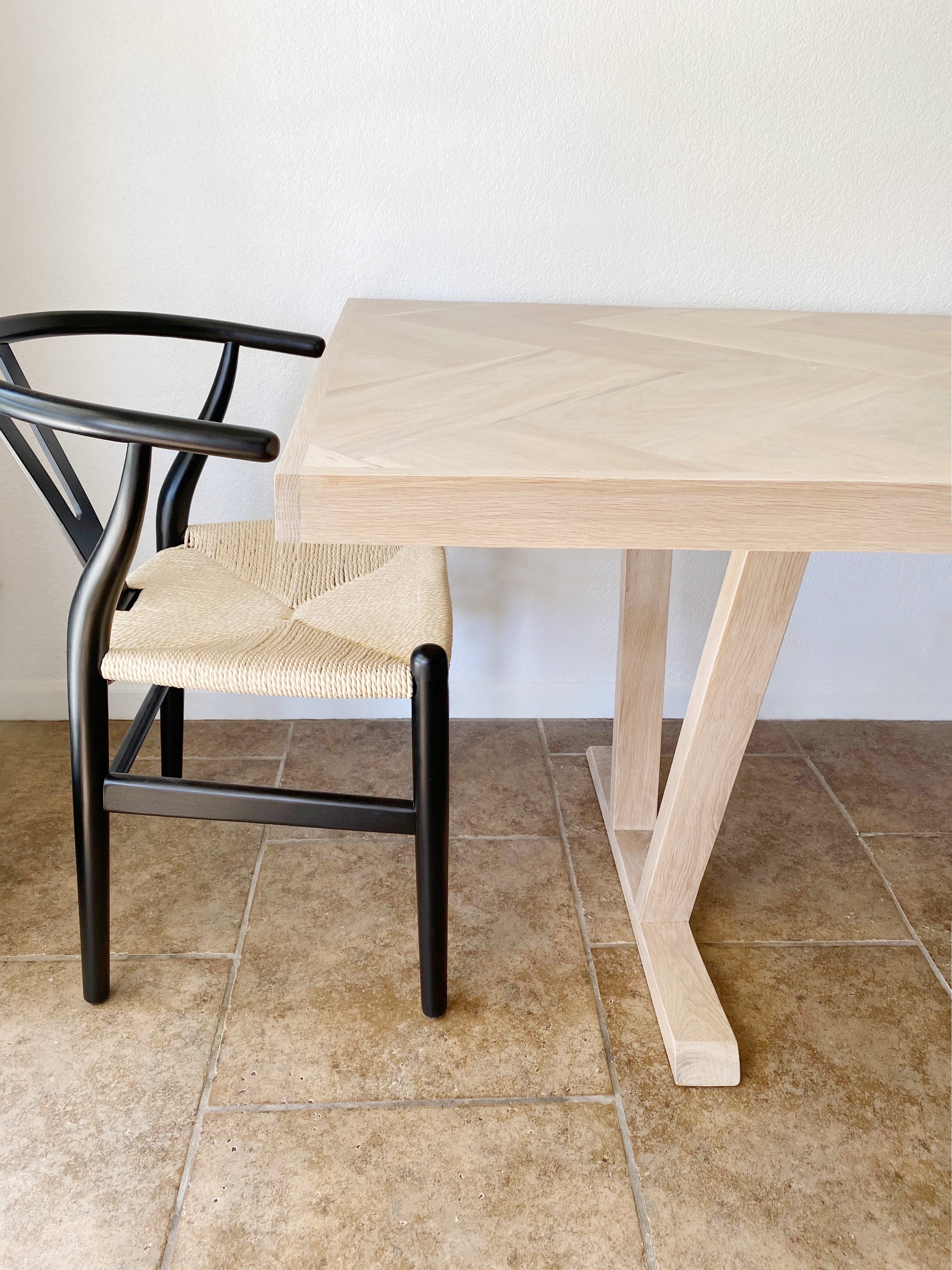 White Oak Herringbone Dining Table with Wood Pedestal Legs