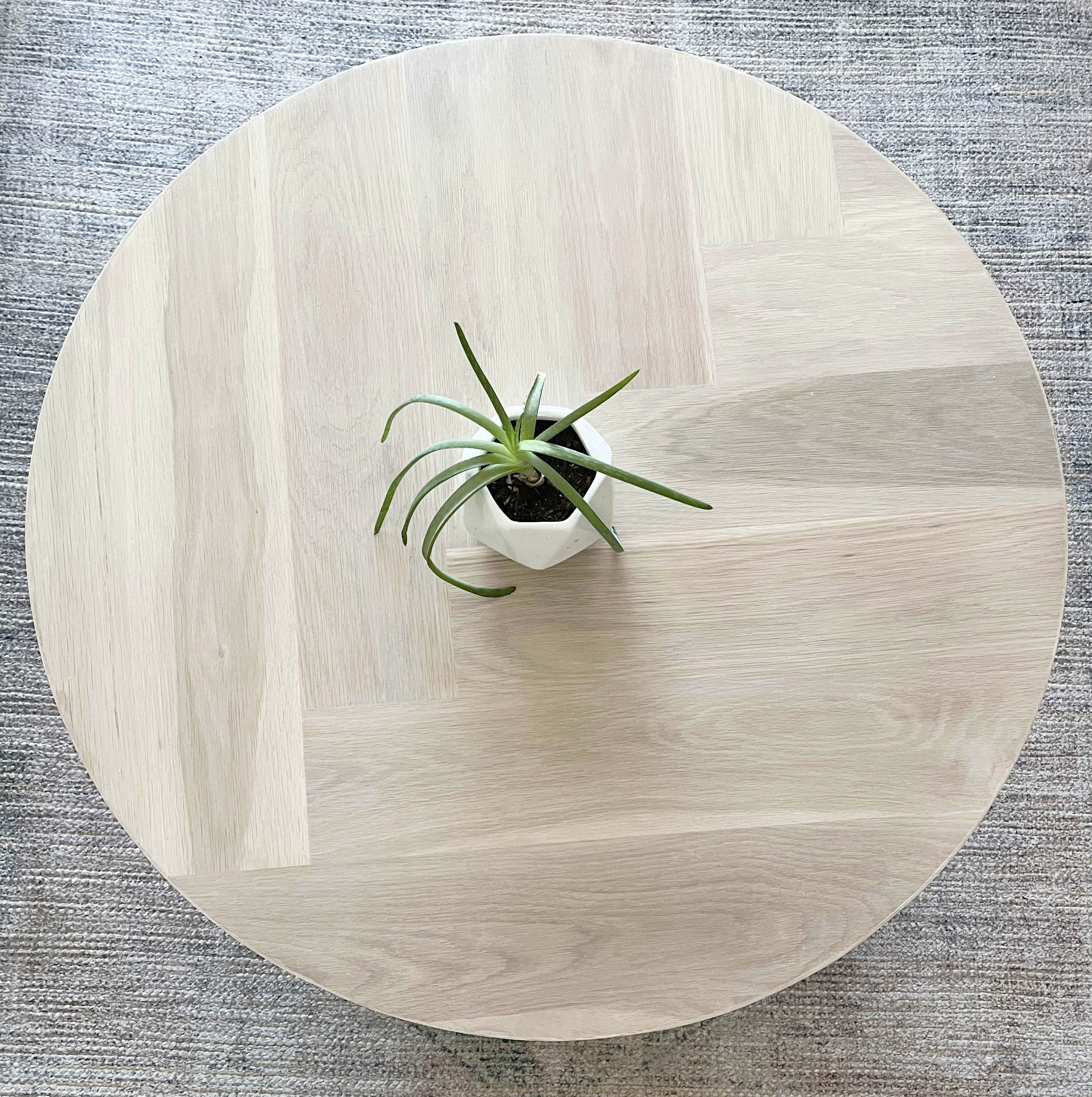 Round White Oak Wood Pedestal Dining Table, Single or Double Herringbone Top