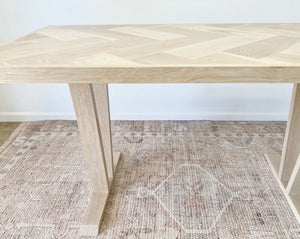 White Oak Trestle Style Dining Table with Herringbone Top, Solid Wood Pedestal Legs