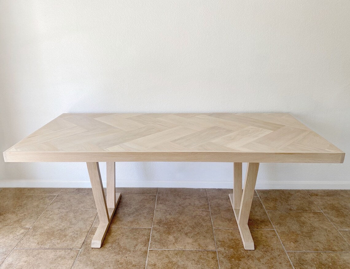 White Oak Trestle Style Dining Table with Herringbone Top, Solid Wood Pedestal Legs