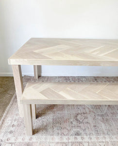 White Oak Double Herringbone Dining Table and Matching Bench w/ Solid Wood 4-Post Legs