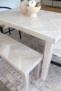 White Oak Double Herringbone Dining Table and Matching Bench w/ Solid Wood 4-Post Legs