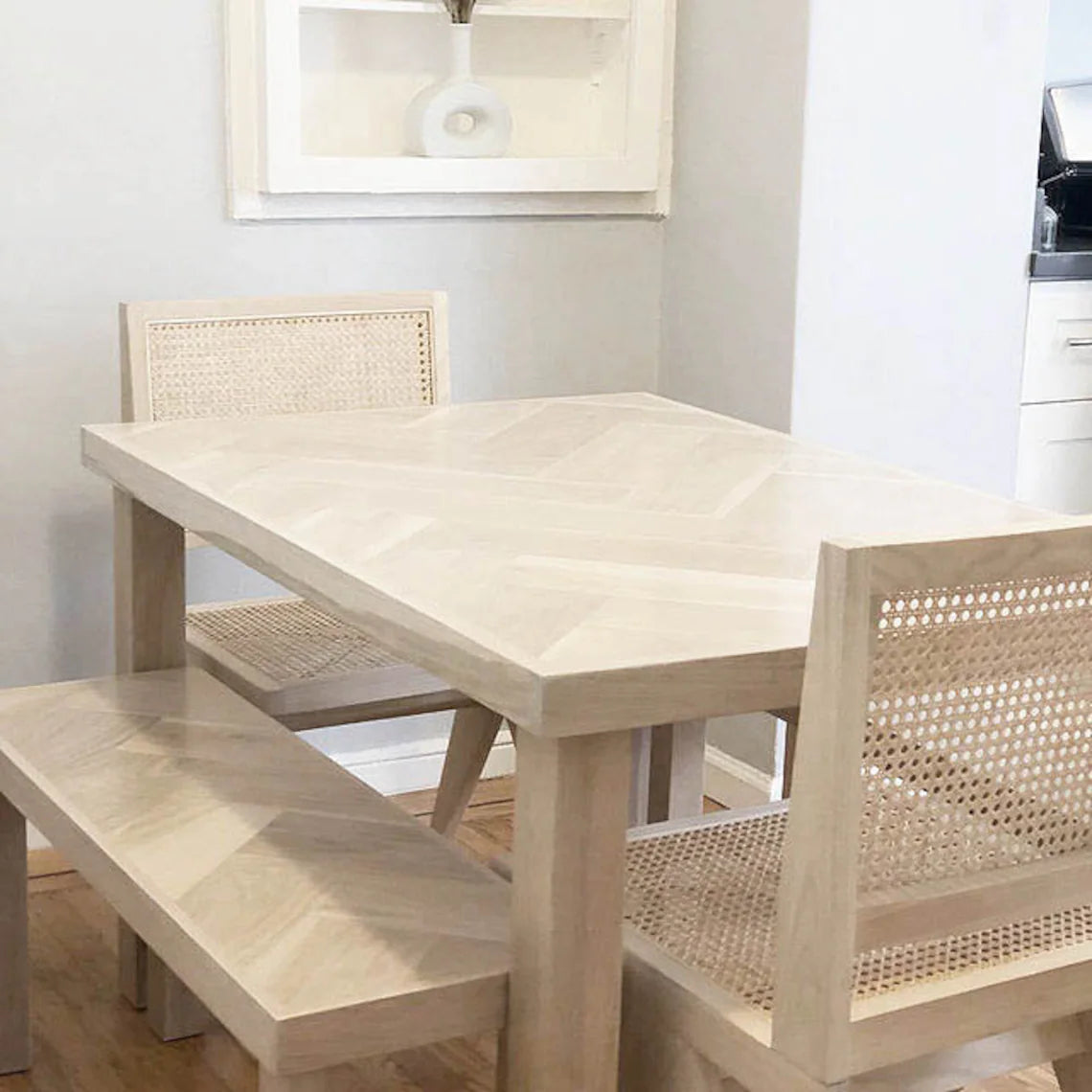 White Oak Double Herringbone Dining Table and Matching Bench Set (Set w/ Wood 4-Post Legs)